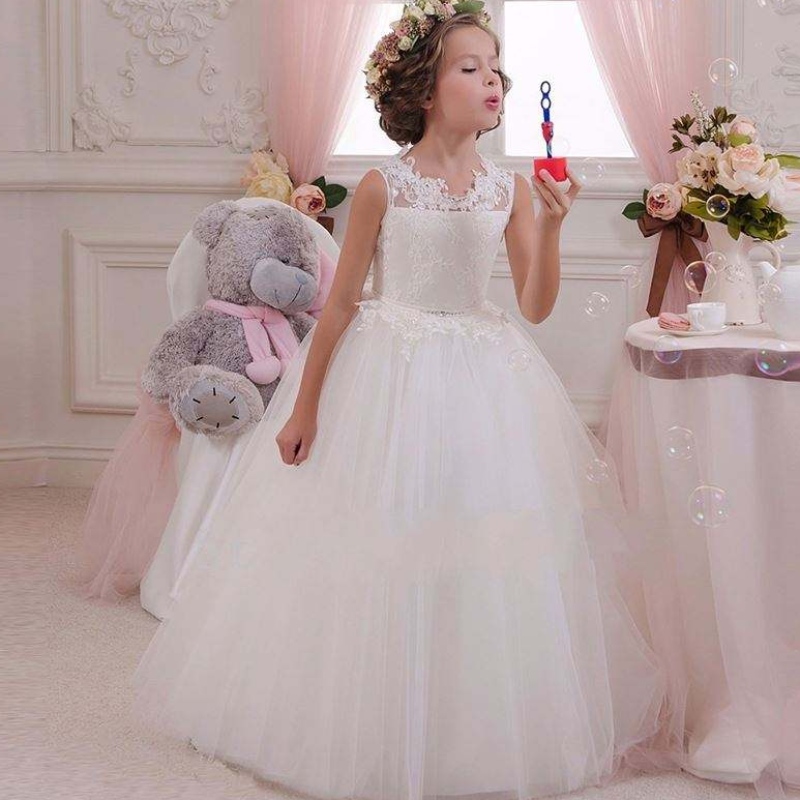 Baige weiße Hochzeit elegante Mädchen Prom Kleid Sommer Kinder Babykleider