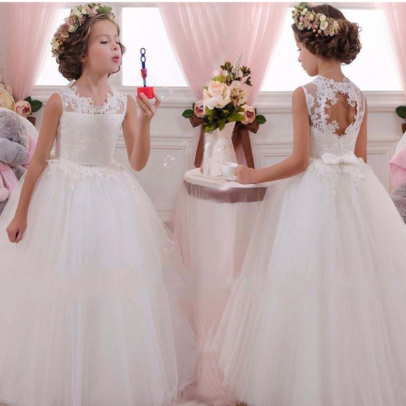 Baige weiße Hochzeit elegante Mädchen Prom Kleid Sommer Kinder Babykleider