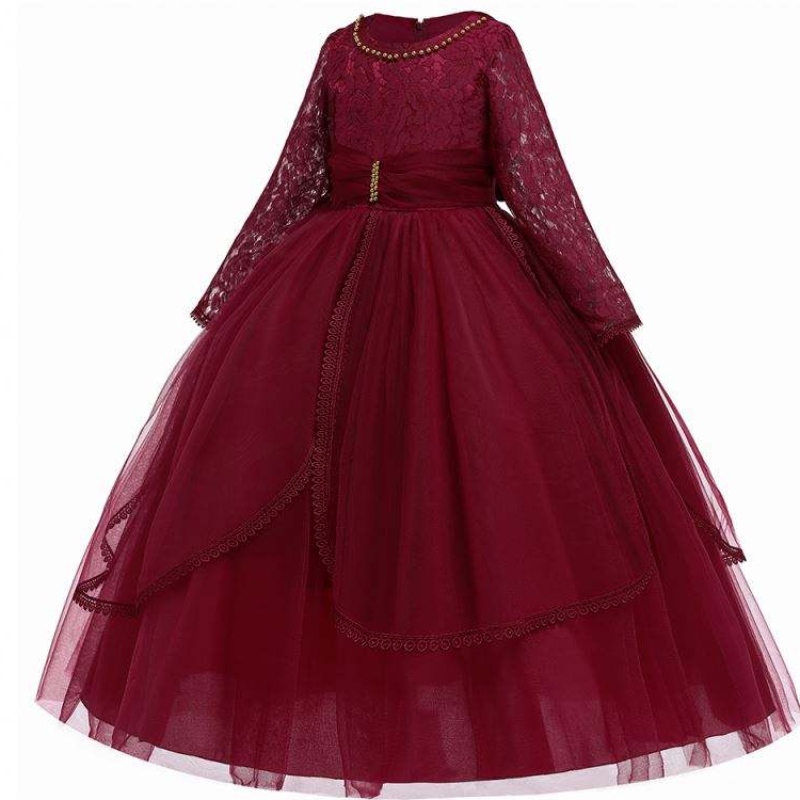Baige Langarm Prinzessin Schichten Maroon Tulle Blumen Mädchen Geburtstagsfeier Kleider Spitzen Blumenmädchen Kleid