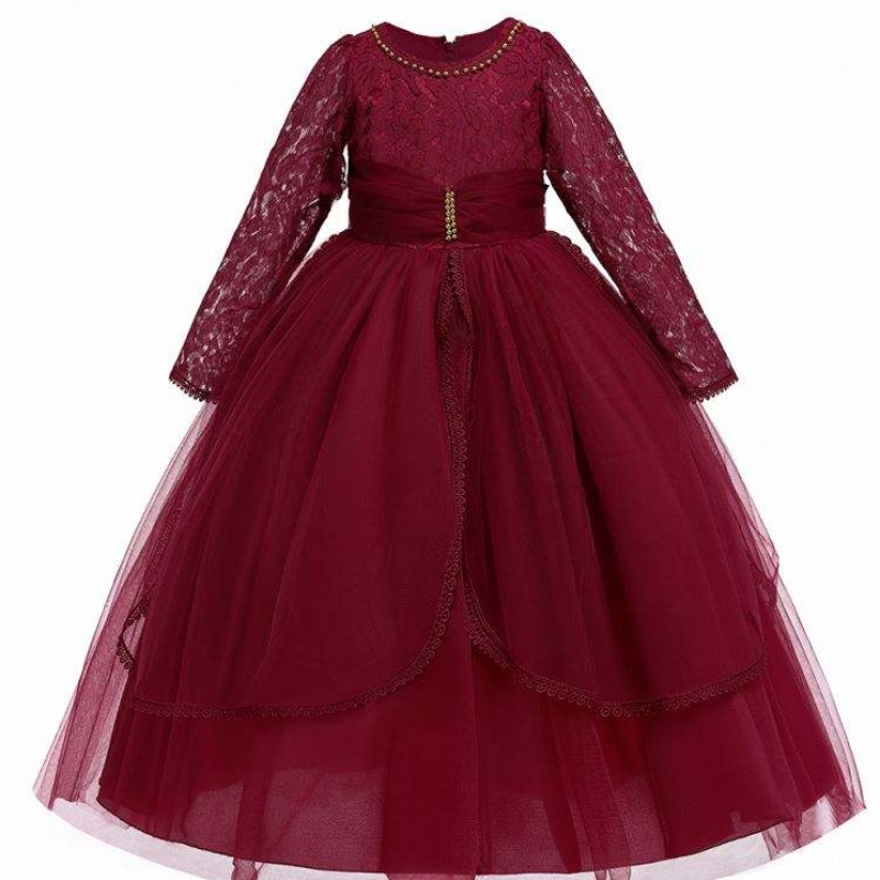 Baige Langarm Prinzessin Schichten Maroon Tulle Blumen Mädchen Geburtstagsfeier Kleider Spitzen Blumenmädchen Kleid