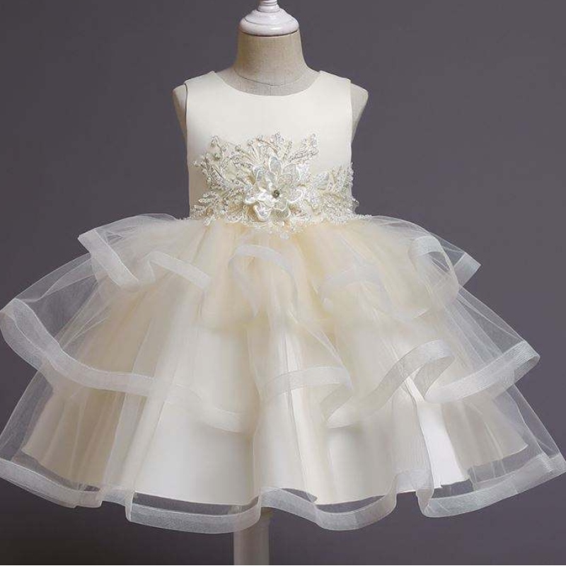 Baige Flower Girl Kleid Kids Kids Kleid Baby Tutu Prinzessin Kleid mit Perlenknie Länge Geburtstagskleidung