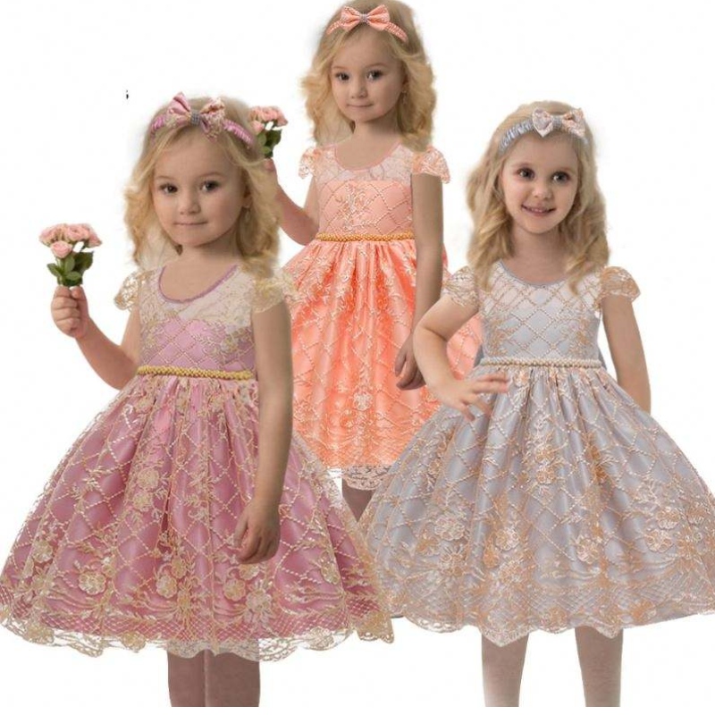 China Factory Kids Party Satin Kleid Baby Blume Geburtstagskleidung Kinder Sommer Kleidung 7933