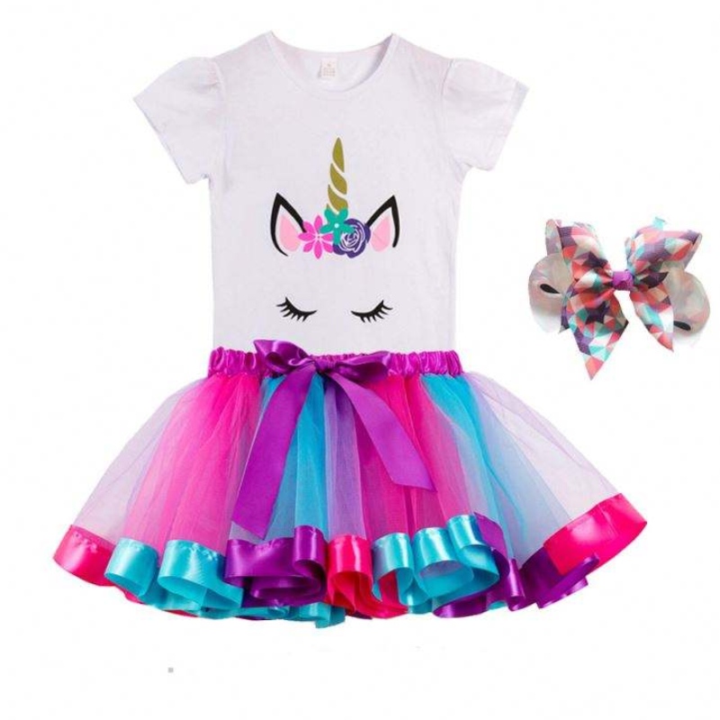Bunte T-Shirt+Kleid Geburtstag Party Kostüm Sommer Baumwolle Einhorn Kleid DJS075