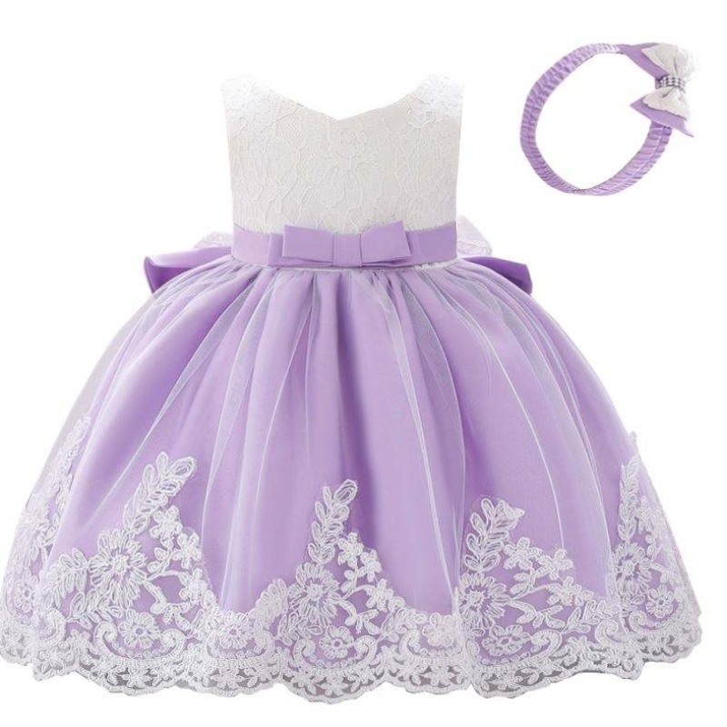 Baige 3-24 Monate Kinderkinder Kleidung Kleidung Spitzen Blumenmädchen Erstes Geburtstagsfeierkleid mit kostenlosem Stirnband