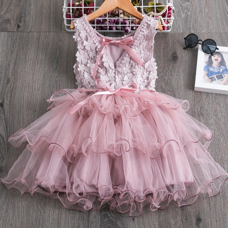 3-8 Jahre Spitzen Sommerkleid für Mädchen Blume Elegante Hochzeitsfeier Prinzessin Kleider Ärmel und Rückenless Tutu Kleider