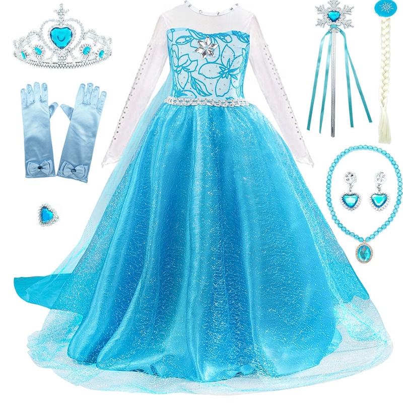 Mädchen Elsa Dress up mit Zug Kindern Perlen Langarm Schneeabdruck Halloween Karnevalsparty Prinzessin Kostüm