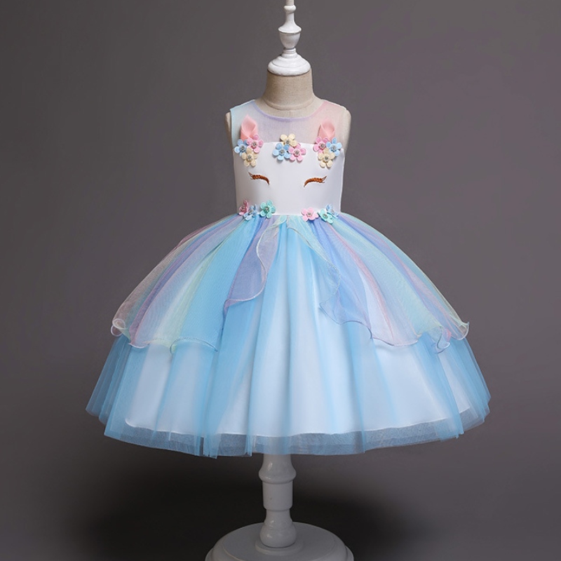 Einhorn Prinzessin Kostüm Girls Festzug Abend Lange Kleider Kinder ärmellose Stickerei Blumen Geburtstagsfeier Tutu Kleider