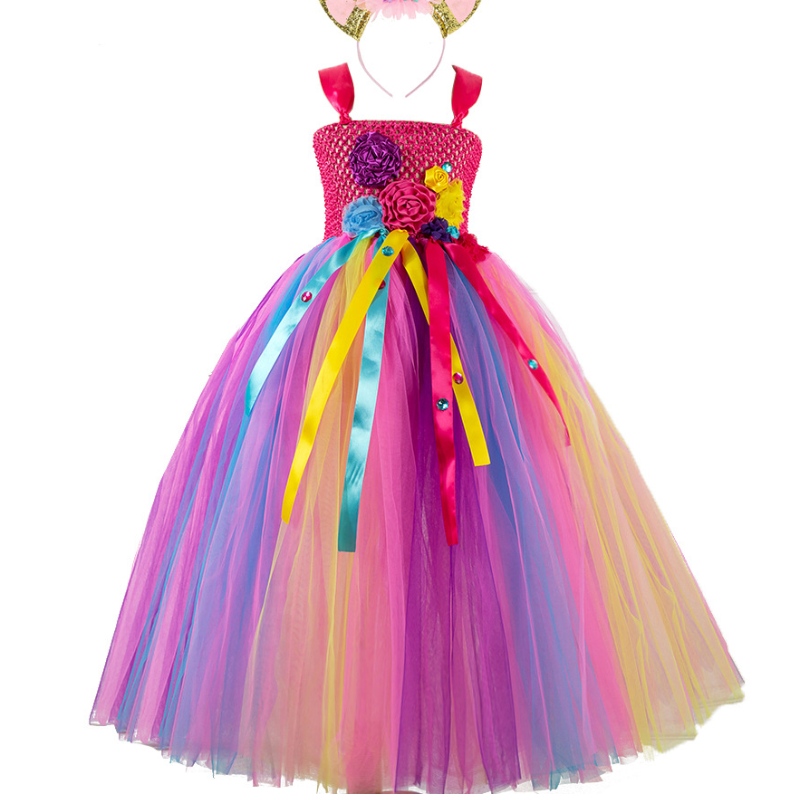 Mädchen Mesh Prinzessin Kleid rosa Blumenpartykleid mit Kopfschmuck