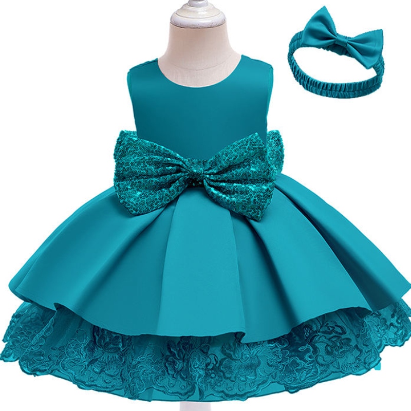 Baby Girl Pailletten Biege Krawatte Prinzessin Kleid Kind Feiertag Tanz Performance Kleid mit Haarband