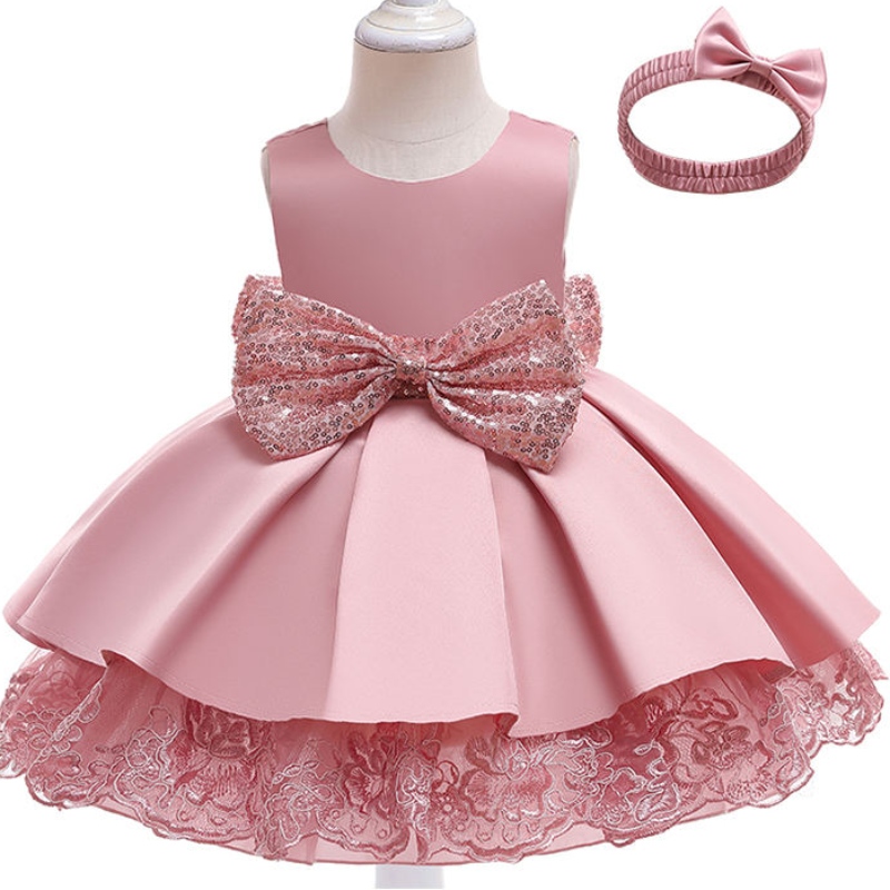 Baby Girl Pailletten Biege Krawatte Prinzessin Kleid Kind Feiertag Tanz Performance Kleid mit Haarband