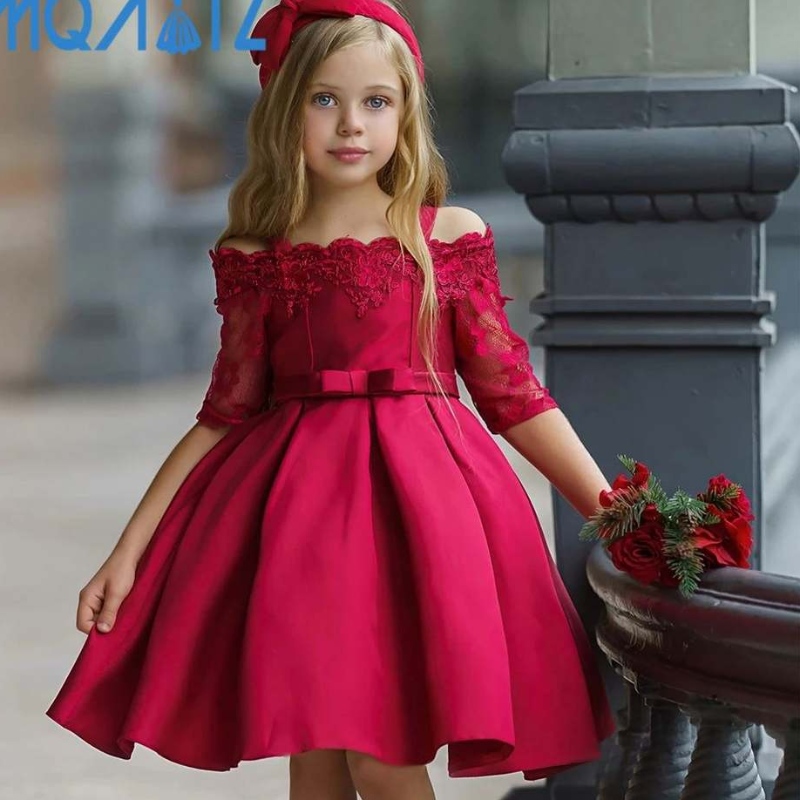 Baige Kinder Kleidung Stock Baby Kids Kids Kleiderdesign Spitzen Ärmel Baby Girl Geburtstag Hochzeitsfeier Kleid