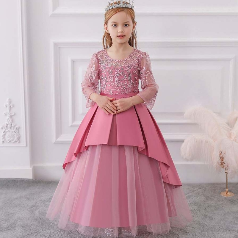 Baige Arabische Spitze Langarm Prinzessin Kleid Sommer Blumenmädchen Hochzeitsfeier Kleid