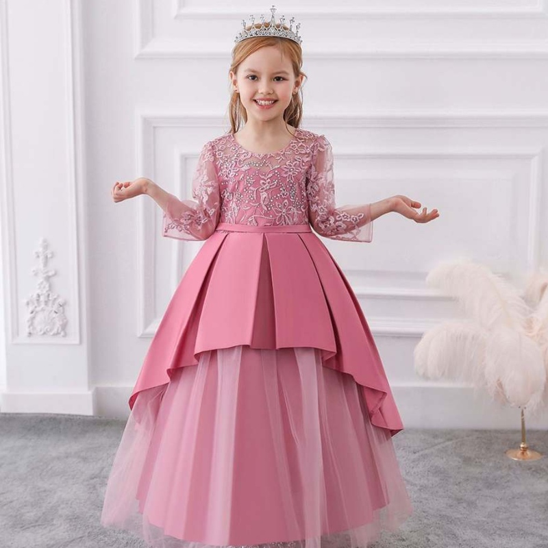 Baige Arabische Spitze Langarm Prinzessin Kleid Sommer Blumenmädchen Hochzeitsfeier Kleid