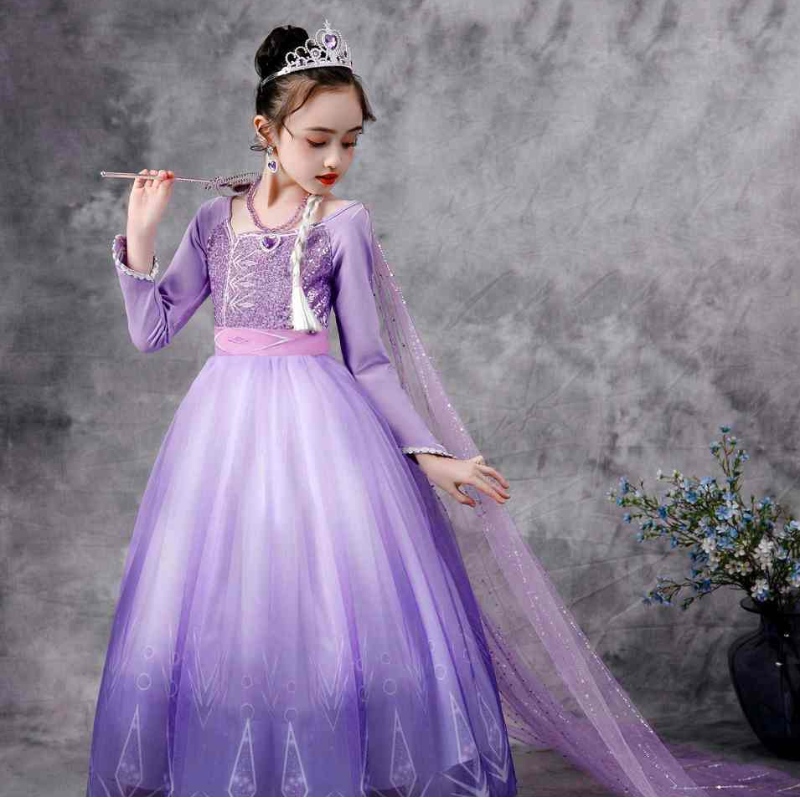 Baige Snow Queen Purple Elsa Kleid Weihnachten Halloween Anna Kostüm Mädchen Langarm Sticked Paillettenkleider