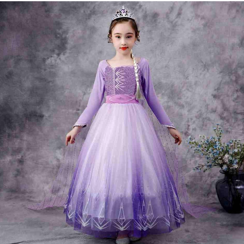 Baige Snow Queen Purple Elsa Kleid Weihnachten Halloween Anna Kostüm Mädchen Langarm Sticked Paillettenkleider