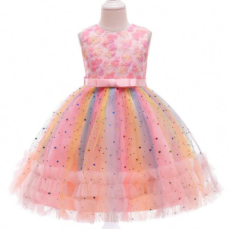 Baige Neuankömmlinge Kinder Kleider glänzende geschichtete Prinzessin 3-10 Jahre Blumenmädchenkleid für Hochzeit
