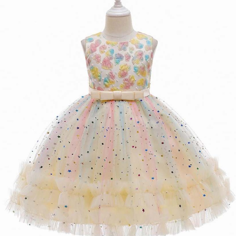 Baige Neuankömmlinge Kinder Kleider glänzende geschichtete Prinzessin 3-10 Jahre Blumenmädchenkleid für Hochzeit