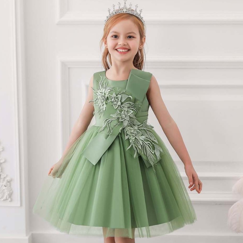 Baige New Evening Party Ball Kleid Grüne Blumenmädchen Kleid Kinder Fancy Princess Kleid