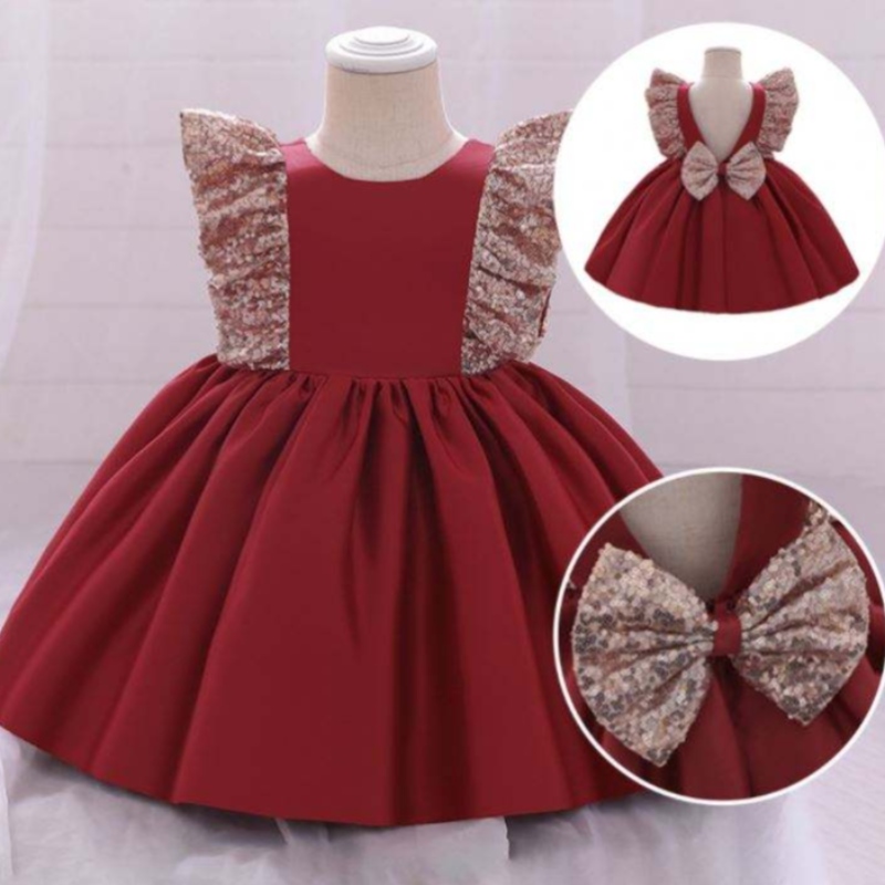 Baige Neue Paillettenblumen -Baby -Mädchen Maxi Erster Kommunion Kleid mit schöner Bogen