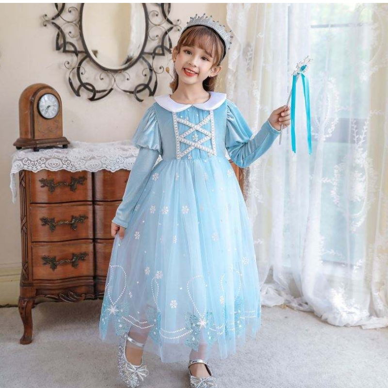 BX1763 Neuer Herbst lange Ärmel Anna Elsa Prinzessin Kleid Halloween Cosplay Kostüm Kinder Blumenmädchen Kleid