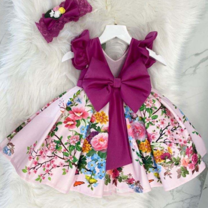 Baige Big Bow Weihnachten Blumenmädchen Party Prinzessin Kleid Baige gedruckte V-Back-Geburtstagskleid L2033XZ
