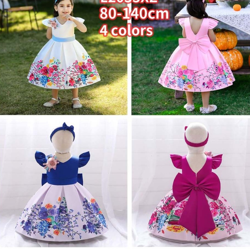 Baige Big Bow Weihnachten Blumenmädchen Party Prinzessin Kleid Baige gedruckte V-Back-Geburtstagskleid L2033XZ