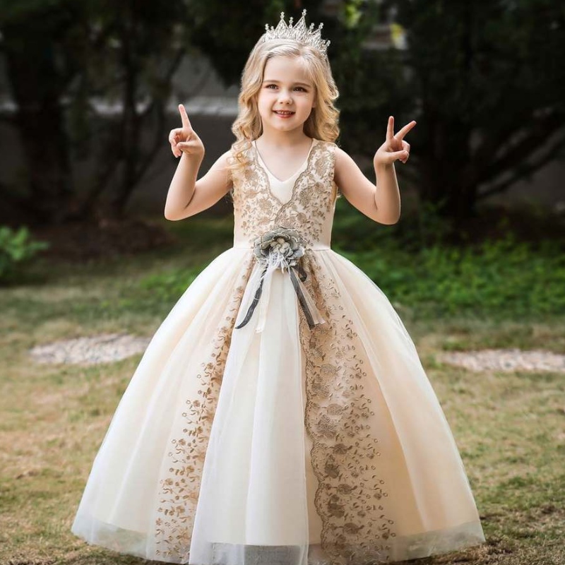 Baige süßes kreuzkreuzendes Spitzenkleid für Mädchen Abendkleid Blume Mädchen Kleider weiße Hochzeit
