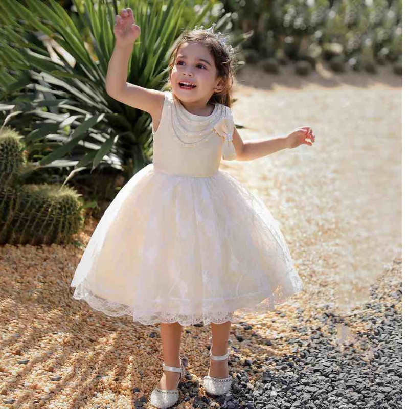 Baige Perlen Bow Knot Party Kleid für Mädchen Baby Mädchen Prinzessin Kleid