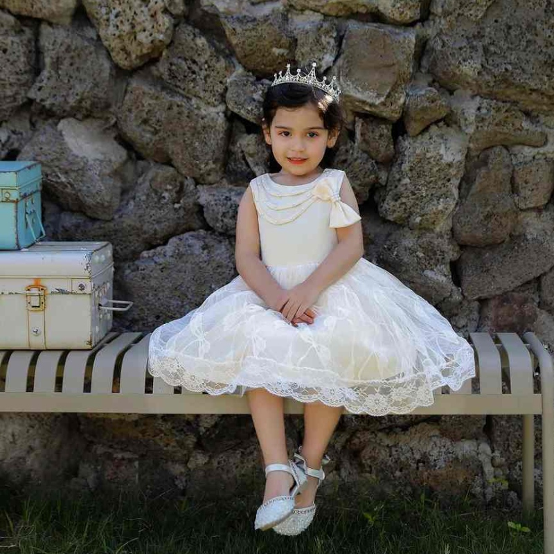 Baige Perlen Bow Knot Party Kleid für Mädchen Baby Mädchen Prinzessin Kleid