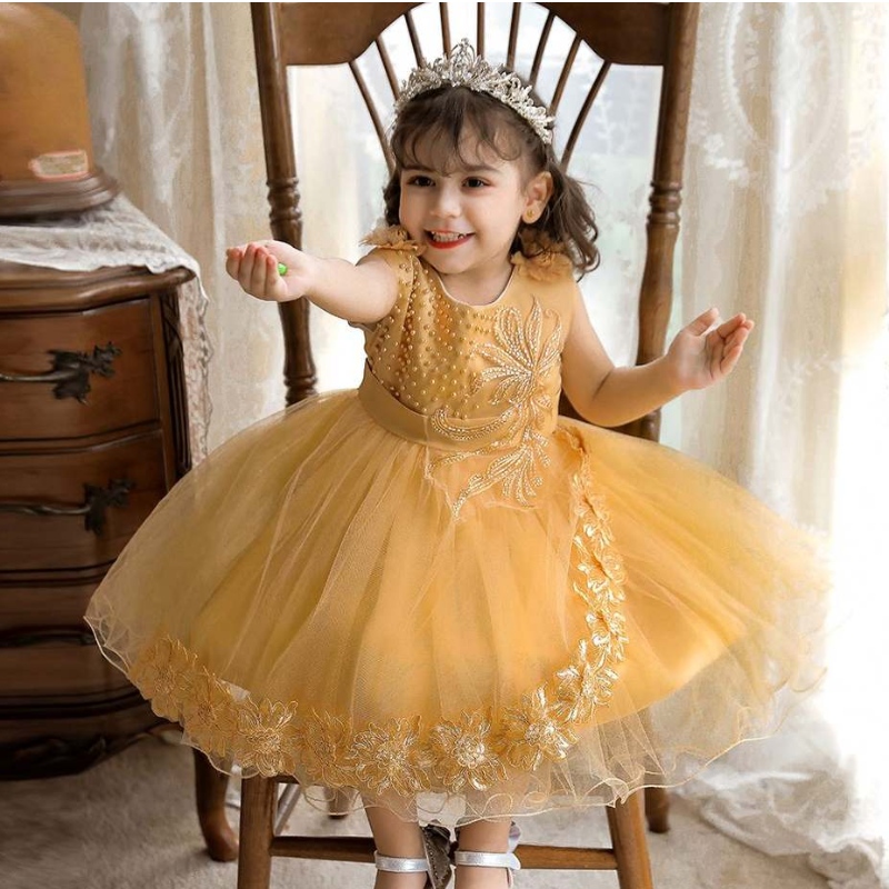 Baige weiße Kleinkind -Kind Mädchen Blume formelle Perlenkleidung Kinder Hochzeitsfeier Kleid N2111