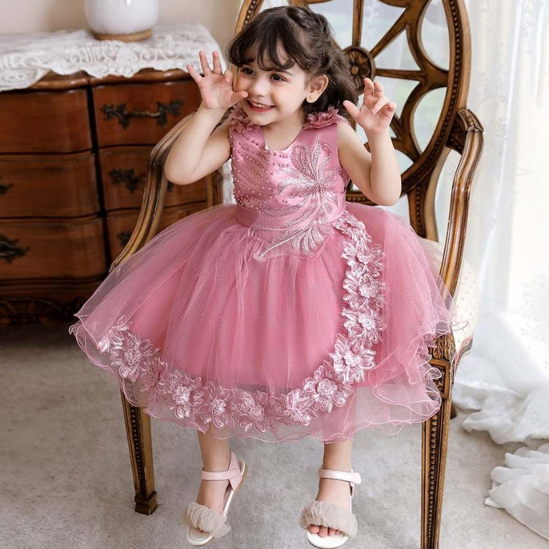 Baige weiße Kleinkind -Kind Mädchen Blume formelle Perlenkleidung Kinder Hochzeitsfeier Kleid N2111