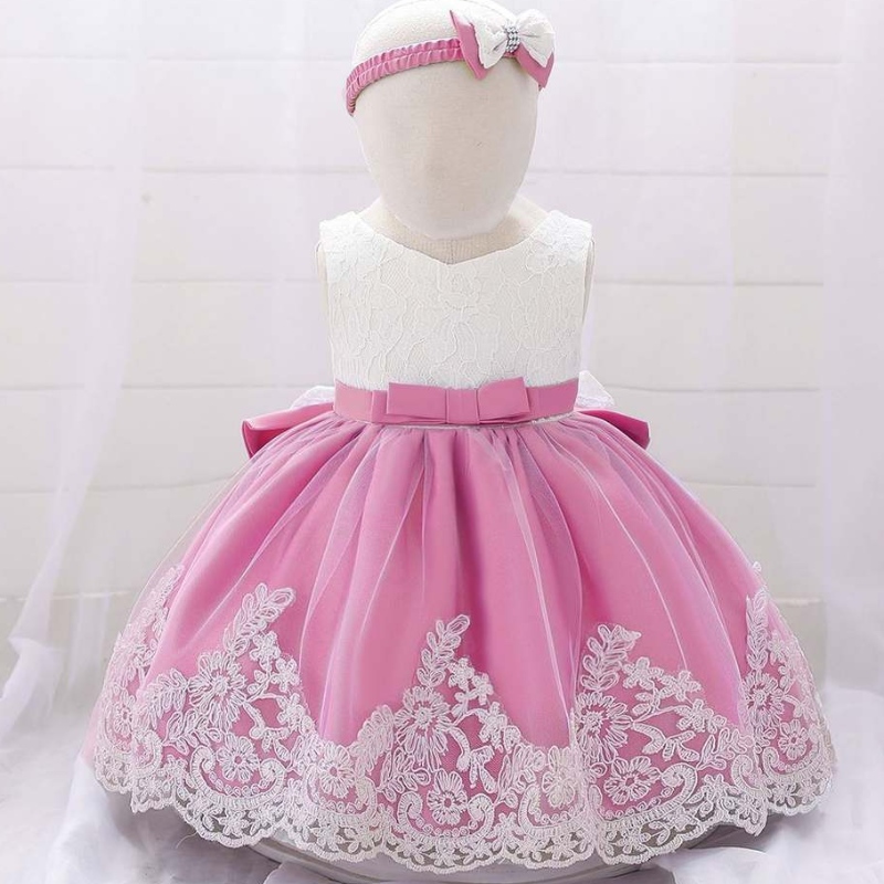 Baige Baby Girls Kleid Designs Spitzen Blumenmädchen kleine Kinder Kleidung Erstes Geburtstagsfeierkleid mit Stirnband