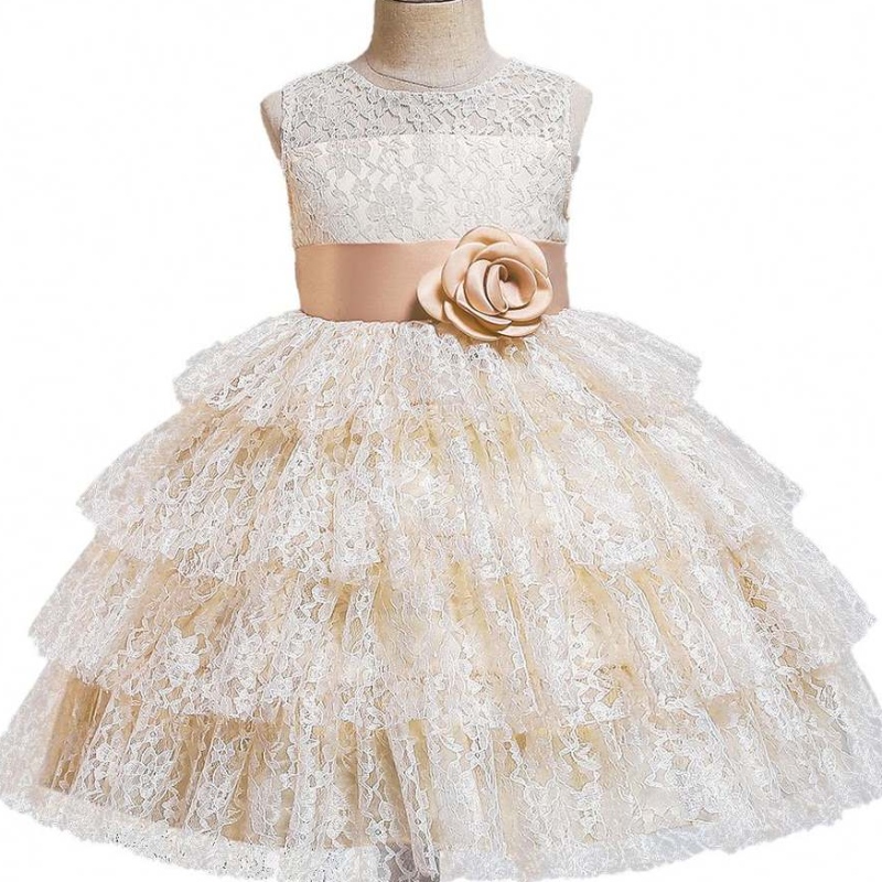 Baige Sommer Mode Spitze Tulled Schöne Perlen Big Bow Geburtstagsfeier Ausgefallene Ballkleider Blumenmädchenkleider