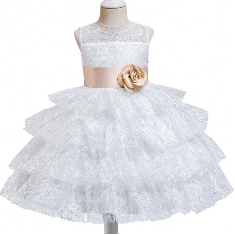 Baige Sommer Mode Spitze Tulled Schöne Perlen Big Bow Geburtstagsfeier Ausgefallene Ballkleider Blumenmädchenkleider