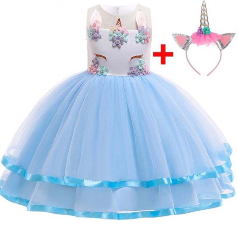 2021 Neue Blumen -Einhorn -Partykleid 5 Farb verfügbar Kinder Mädchen Party Kleid DJS002