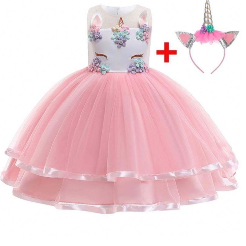 2021 Neue Blumen -Einhorn -Partykleid 5 Farb verfügbar Kinder Mädchen Party Kleid DJS002