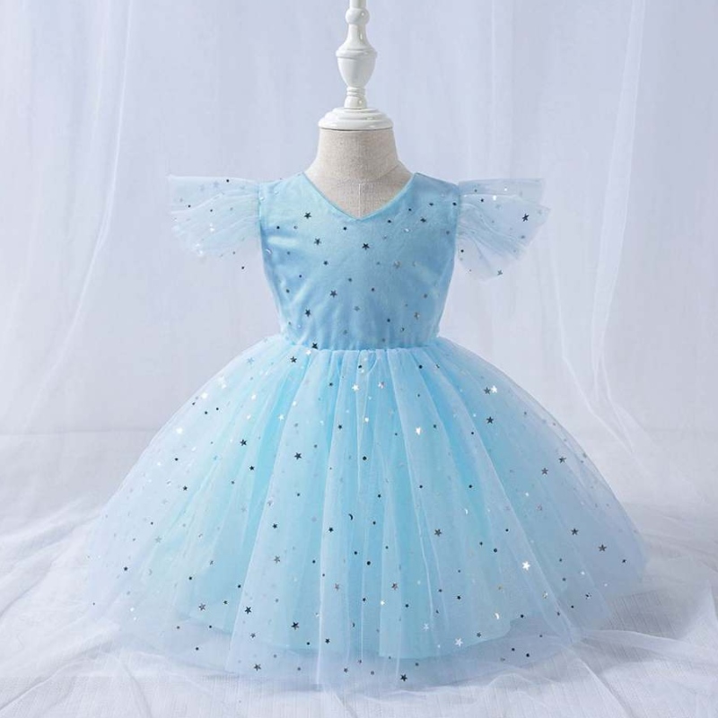 Baige gegen Neck Girl Party Kinder Kinder Mini Sommer tragen Bling Kinder Mesh Kleid L1945XZ