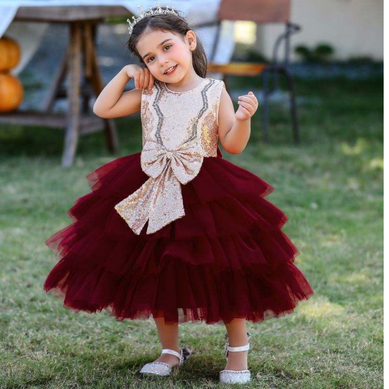Baige formelle Anlässe Pailletten Bow Kids Party Kleid ärmellose Ballkleid Blumenmädchen \\ 'Kleider
