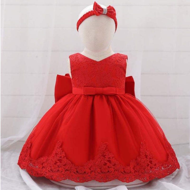 Baige Blumenmädchen Babykleid Prinzessin Kleid mit Stirnband Spitze rote Bow Party tragen Kinder Geburtstagskleider