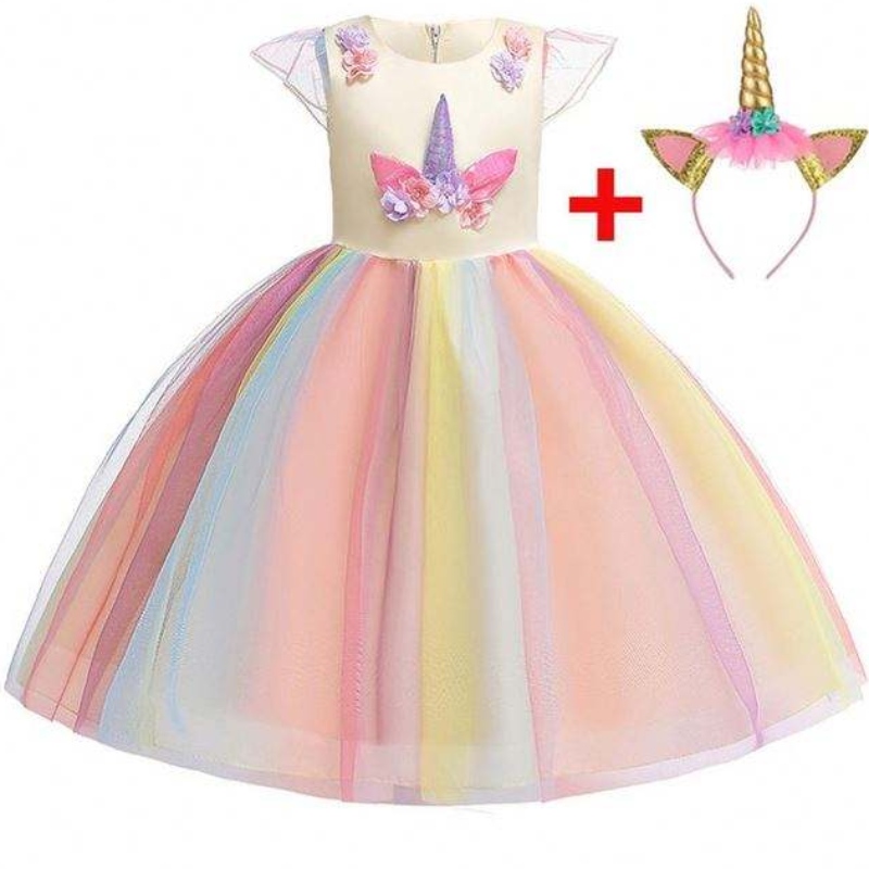 Baige hochwertige Rüschen Einhorn Babykleid Kinder schöne Model Kleider Smocked Kinder Kleidung DJS003