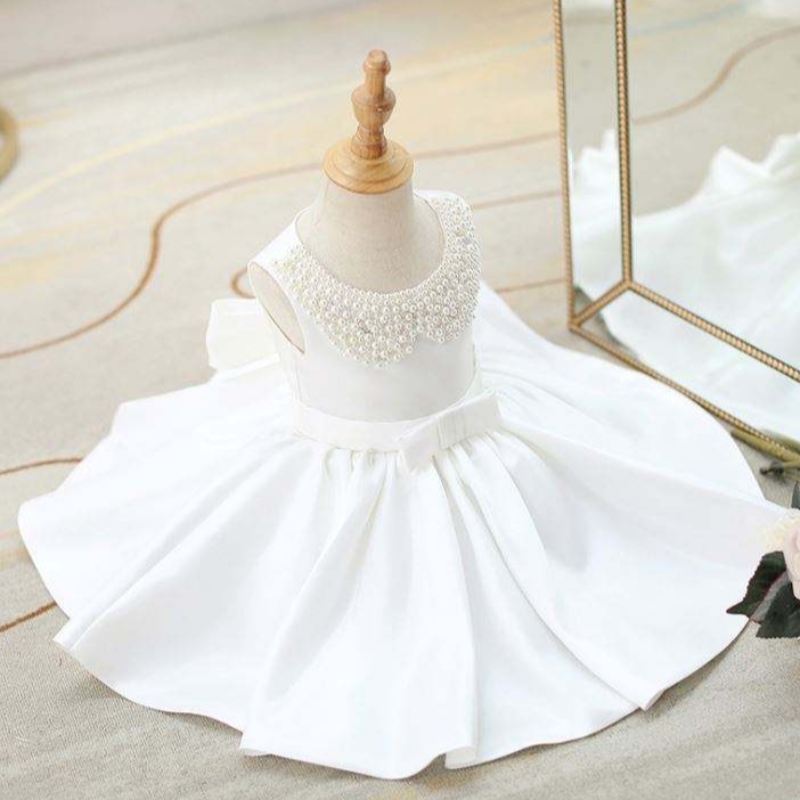 Baige OEM weiß ärmellose Kinderkleidung Prinzessin Baby Kleid mit Perlen Blumenmädchen Party Kleid DZ004