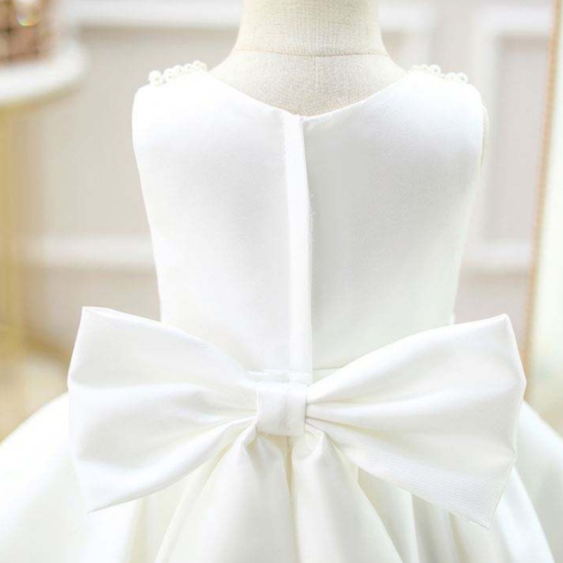 Baige OEM weiß ärmellose Kinderkleidung Prinzessin Baby Kleid mit Perlen Blumenmädchen Party Kleid DZ004