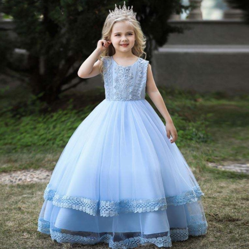 Baige weiße Kind Langkleid Prinzessin Festzug Prom Ballkleider Hochzeitsfeier Blume formelle Mädchen Kleider