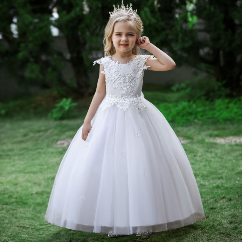 Baige 2022 Satin Baumwolle Hochzeitskleid glänzende Kleid Blumenmädchen Kleid Langes Schwanzspitzen große Mädchenkleider