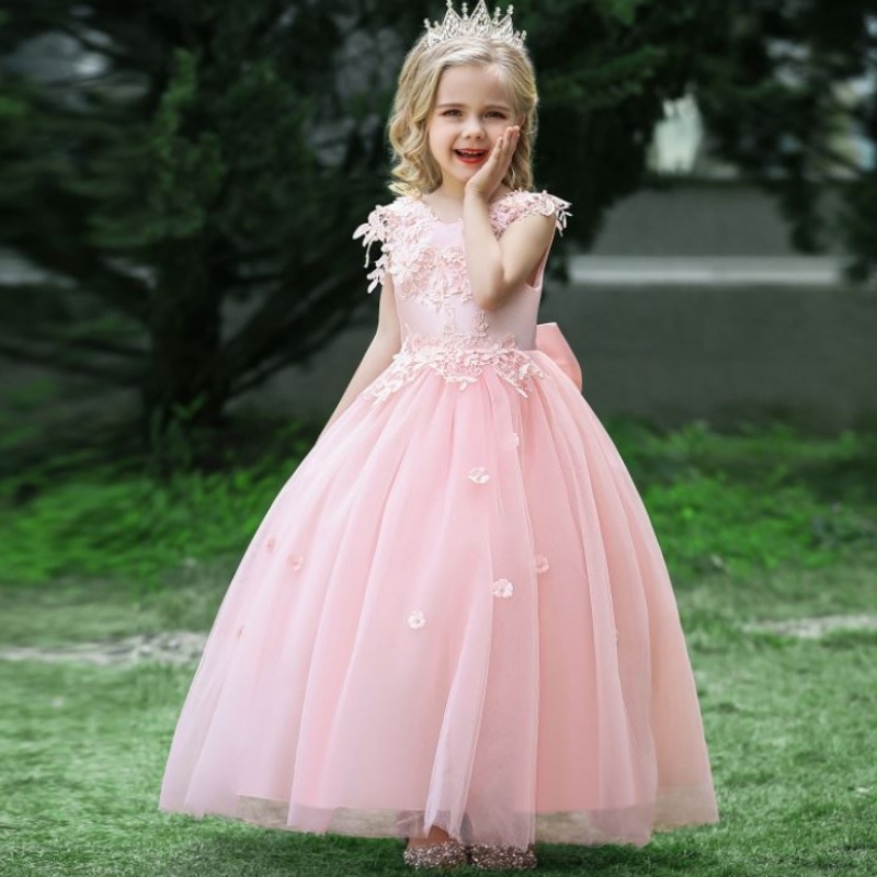 Baige 2022 Satin Baumwolle Hochzeitskleid glänzende Kleid Blumenmädchen Kleid Langes Schwanzspitzen große Mädchenkleider
