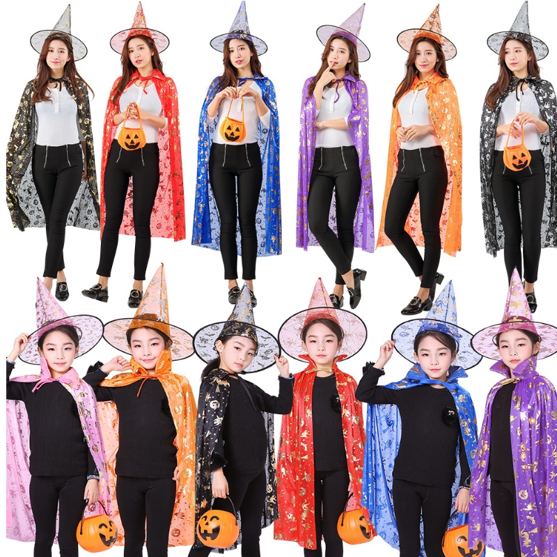 Halloween Kostüme Hexenzauberer Umhang Cape Robe Pointy Hut für Kinder Halloween Requisiten Frauen Set Cosplay -Geburtstagsfeier