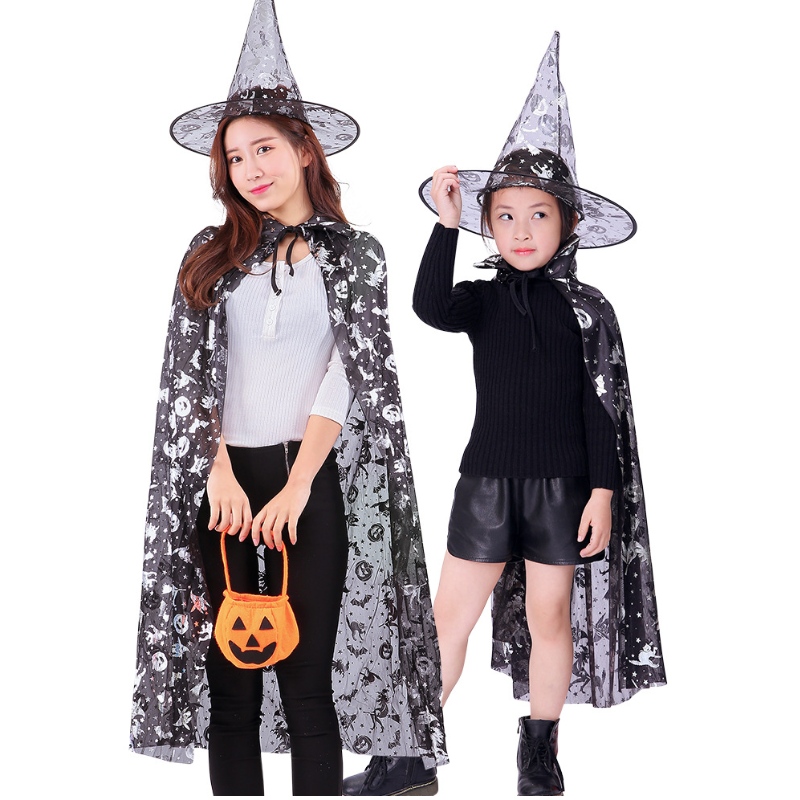 Halloween Kostüme Hexenzauberer Umhang Cape Robe Pointy Hut für Kinder Halloween Requisiten Frauen Set Cosplay -Geburtstagsfeier