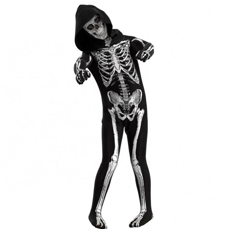 Großhandel Lebendige Scary Halloween Cosplay Requisiten menschlicher Schädel Skelett Kapuze -Jumpsuit Hoodie Kostüme für Kinder