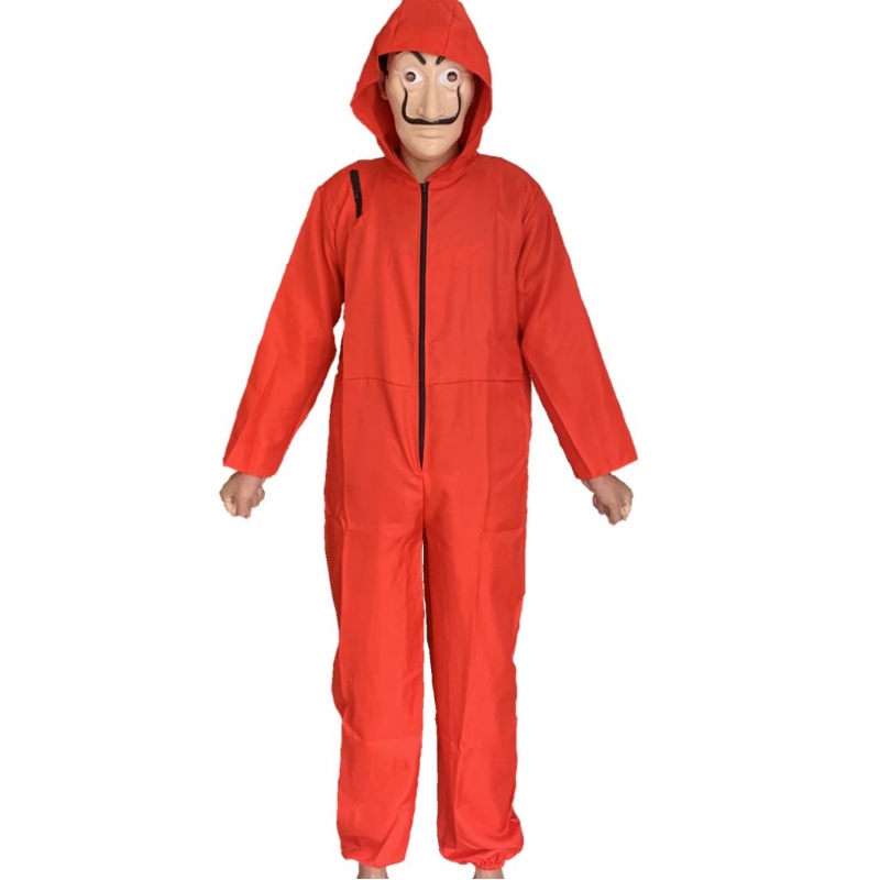 Billigeres rotes Dali -Kostüm mit Maske Coverall Hoodie Jumpsuit Money Heist Halloween Cosplay Kostüm