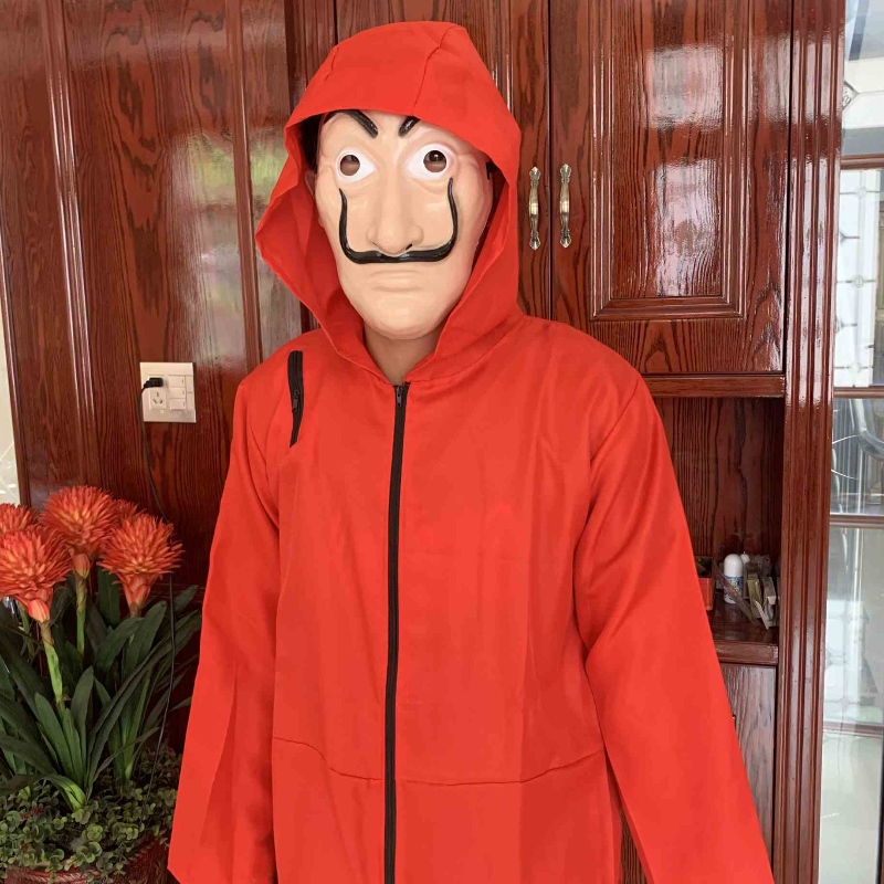 Billigeres rotes Dali -Kostüm mit Maske Coverall Hoodie Jumpsuit Money Heist Halloween Cosplay Kostüm